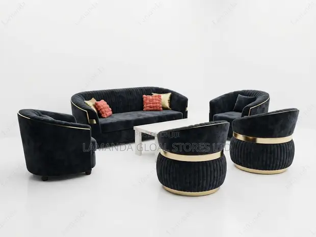 Charcoal Velvet Gold-Band Sofa Set na Falo - 1