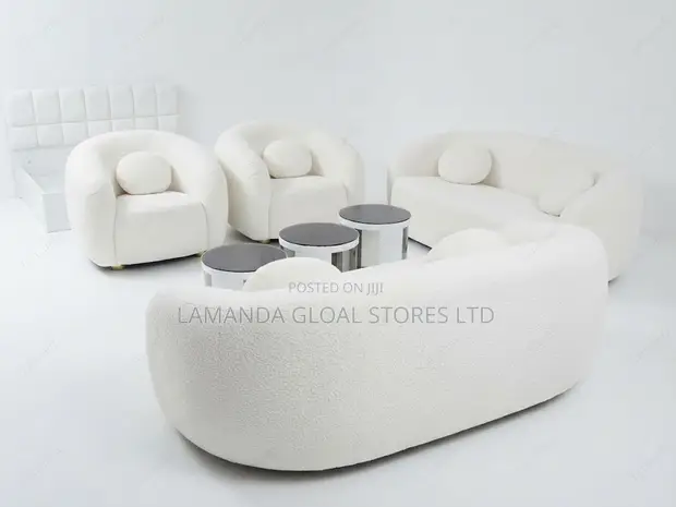 Curved White Bouclé Barrel Sofa Set - 1