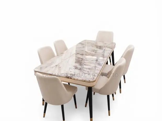 Marble-Top Dining Table with 6 Upholstered Chairs - 1