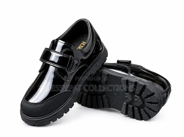 Boys Black Patent School Shoes Velcro Strap - 1