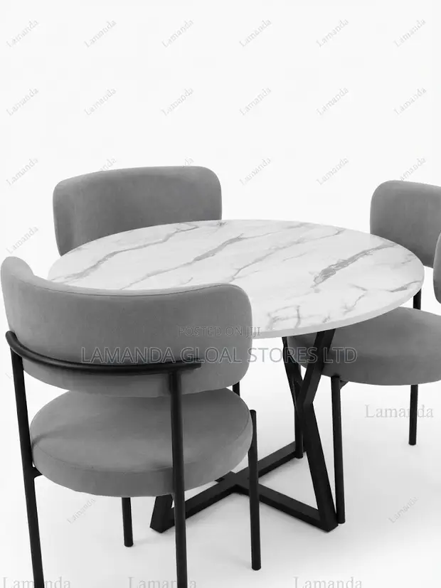 Round Marble-Top Dining Table Set with 3 Grey Chairs - 1