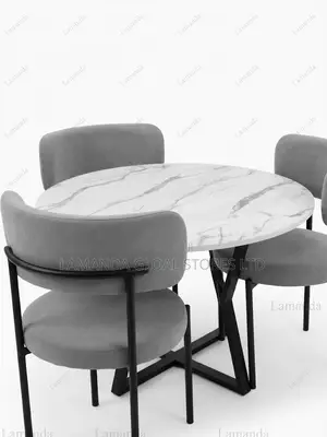 Round Marble-Top Dining Table Set with 3 Grey Chairs