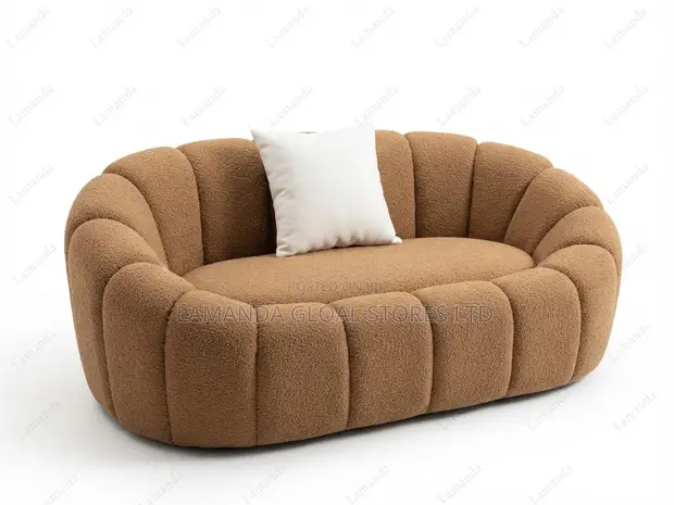 Tufted Camel Brown Bouclé Curved Sofa - 1