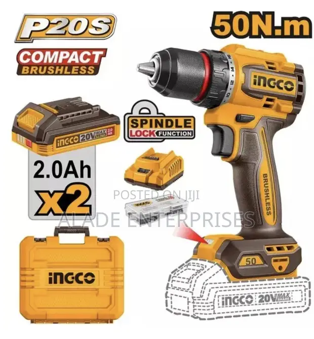 INGCO 20V Compact Brushless Cordless Drill (50Nm) with 2 Batteries - 1