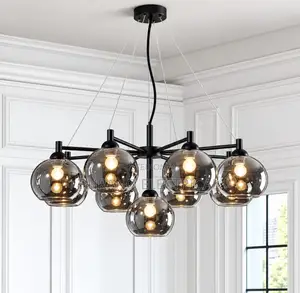 Modern LED Chandelier with Amber Glass Spherical Lampshade
