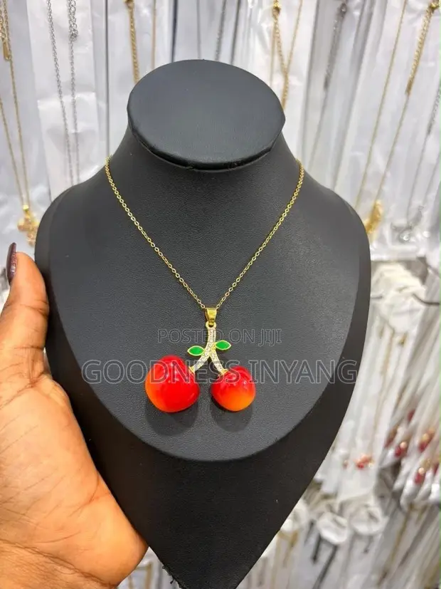 Cherry Chain Necklace - Red Gold Tone - 1