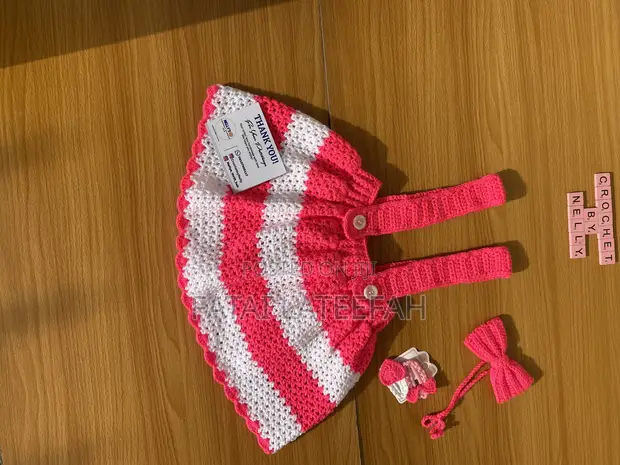 Crochet Baby Girl Pinafore Skirt & Neck Bow (Pink, 2-3Y) - 1
