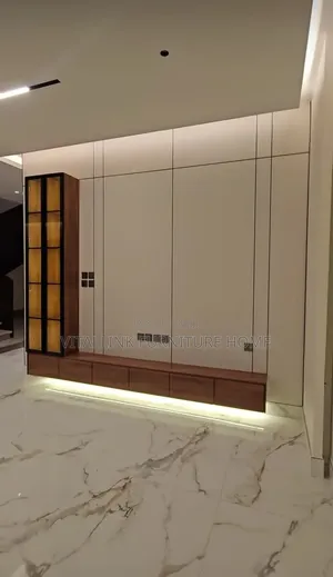 Modern White TV Wall Unit with Wood Console & LED Lighting