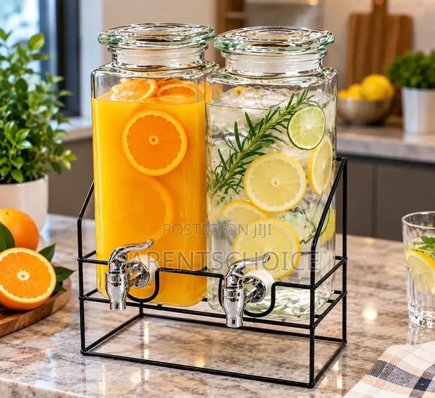 2x 2.2L Glass Beverage Dispenser Set with Stand - 1