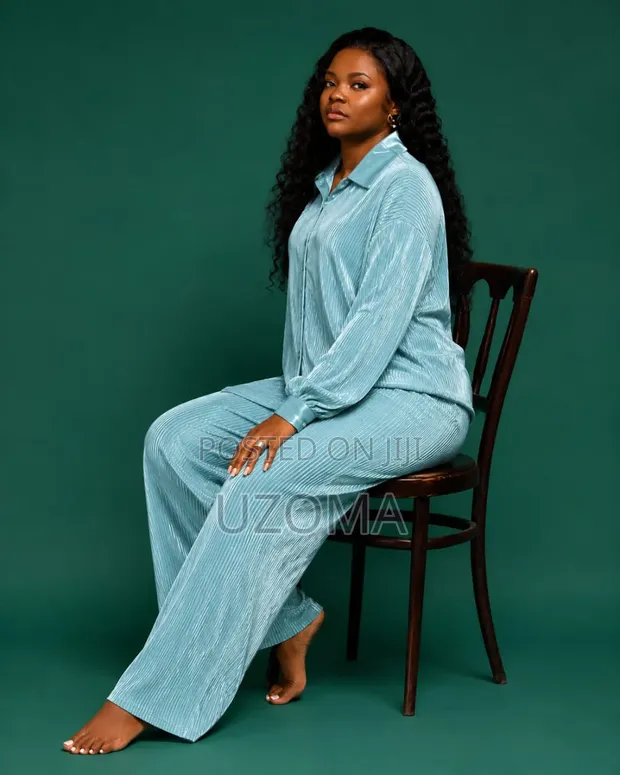 Elegant Women's Pleated Lounge Set - Sky Blue & Orange - 1