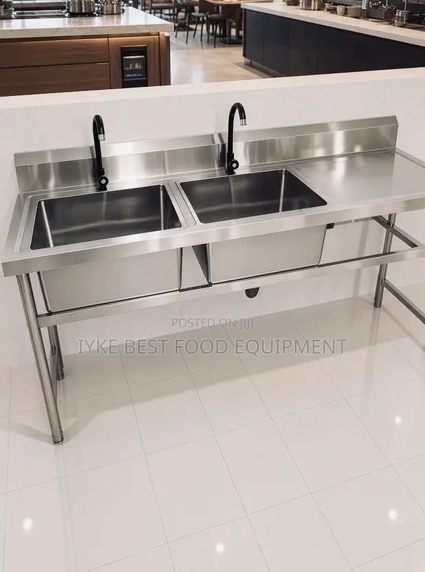 Double Bowl Stainless Steel Commercial Sink with Drainboard - 1