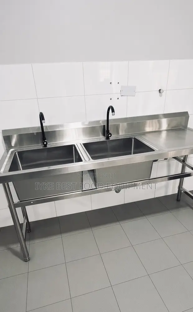 Commercial Double Bowl Stainless Steel Sink with Drainboard - 1