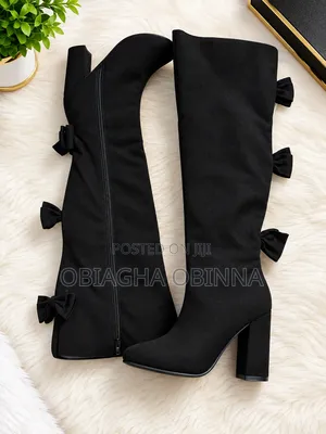Black Faux Suede Bow-Back Over-the-Knee Block Heel Boots