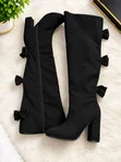 Black Faux Suede Bow-Back Over-the-Knee Block Heel Boots - 2