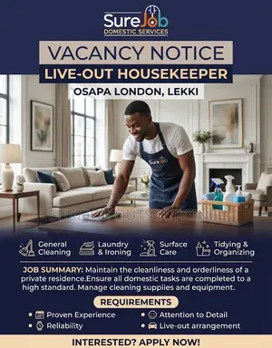 Experienced Live-Out Male Housekeeper Needed - Osapa London, Lekki