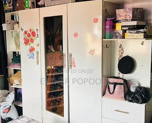 Large White Wooden Wardrobe with Glass Doors - 1