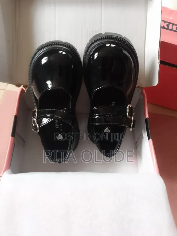 Girls Black Patent School Shoes - Heart Buckle Chunky Sole - 1