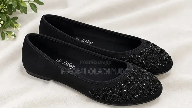 Lilian Black Leather Rhinestone Flat Shoes - Size 39 - 1