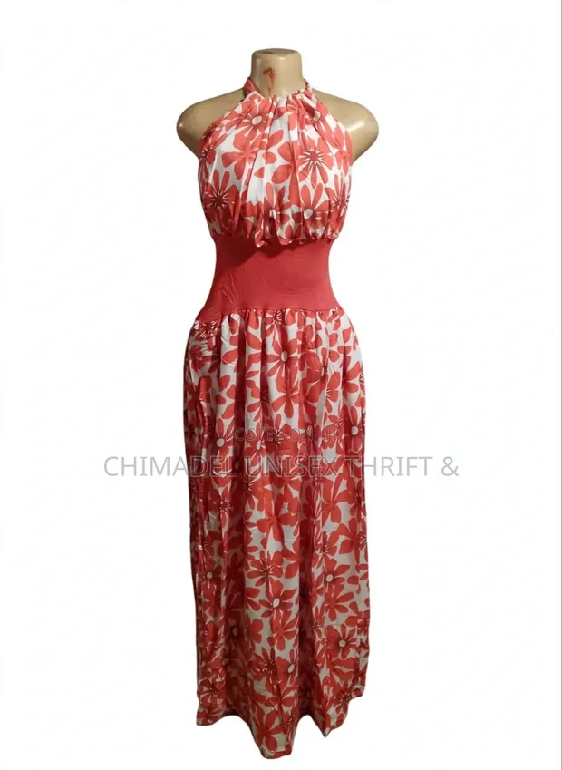 Ladies Halter Neck Open Back Maxi Gown - Coral Floral - 1