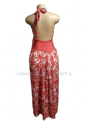 Ladies Halter Neck Open Back Maxi Gown - Coral Floral