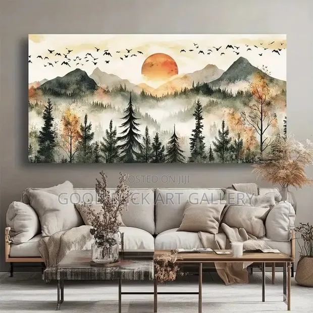 Large Watercolor Mountain Landscape Canvas Wall Art - 1