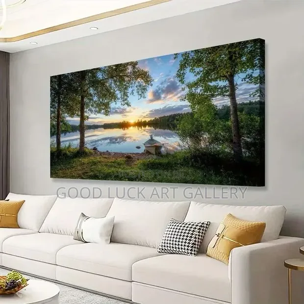 Canvas Art: Sunrise/Sunset Landscape with Rowboat - 1