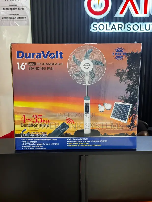 Duravolt 16-inch 3-in-1 Fan Mai Sake Yin Baturi Da Rana - 1