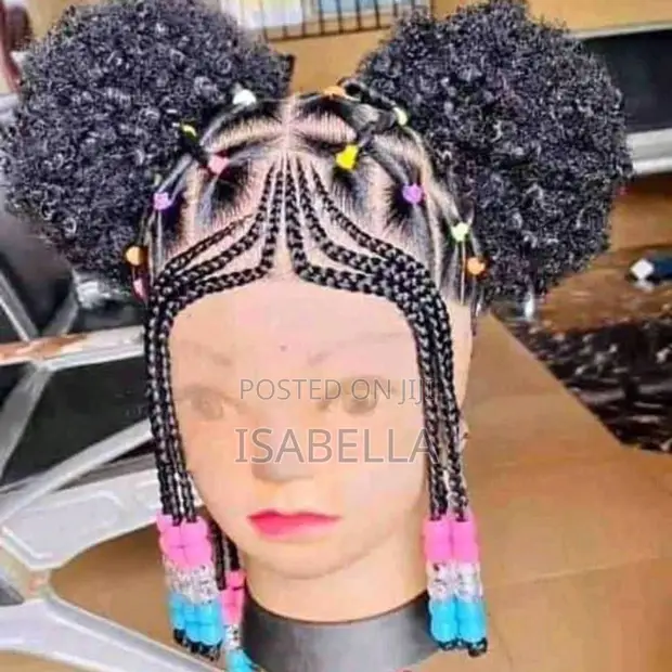 Children Braided Wig with Beads - 1