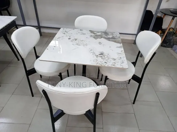 4-Seater Dining Set: Square Marble Top, Padded Chairs - 1