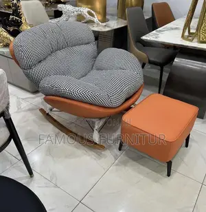 Kujerar Rocking Mai Kayatarwa Ta Zamani Da Ottoman - Orange & Black Houndstooth