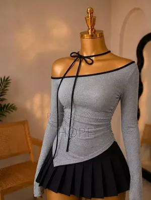 Off Shoulder Grey Shimmer Top with Neck-Tie