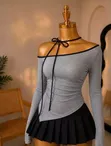 Off Shoulder Grey Shimmer Top with Neck-Tie - 1