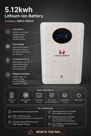 Aokly 5.12kWh Lithium-Ion Solar Battery - 48V/100Ah Smart BMS