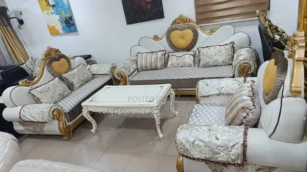 Gold and White Love Sofa Set with Center Table and Stools - 1