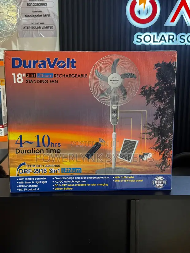 Duravolt 18-Inch 3-in-1 Solar Rechargeable Fan - 1