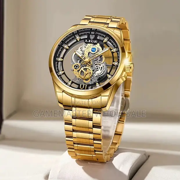 LIGE Gold Skeleton Watch for Men - 1