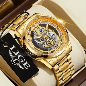 LIGE Gold Skeleton Watch for Men
