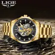 LIGE Gold Skeleton Watch for Men - 3