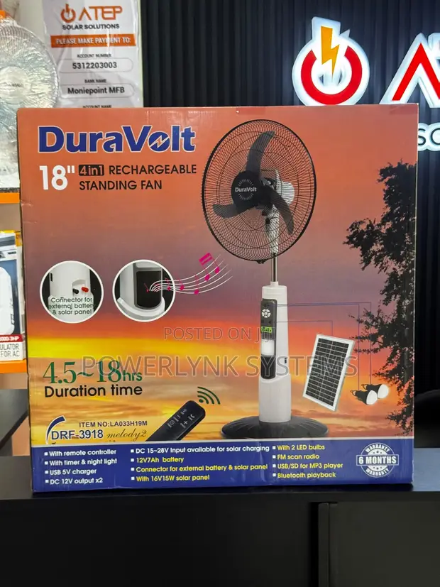 Duravolt 18-Inch 4-in-1 Solar Rechargeable Fan with Bluetooth Speaker - 1
