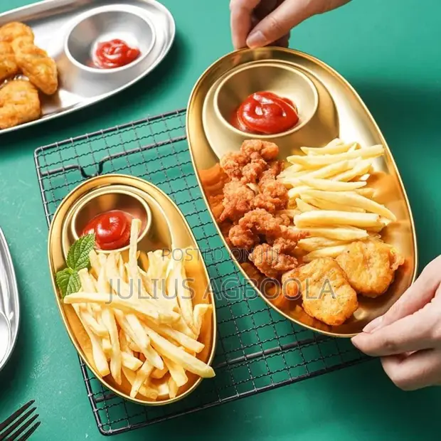 Gold Stainless Steel Oval Salad/Fries Serving Plate - 1