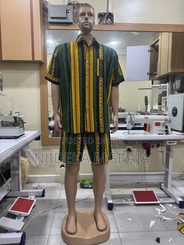 Green Yellow Ankara Men's Shirt and Shorts Set - 1