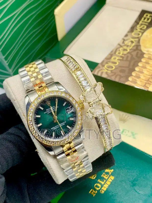 Luxury Two-Tone Rolex Style Watch Set - Emerald Green Dial - 1