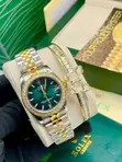 Luxury Two-Tone Rolex Style Watch Set - Emerald Green Dial - 1