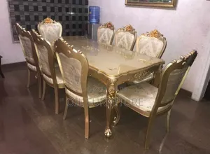 Luxury Gold Beige Carved 8-Seater Dining Set
