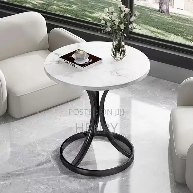 Round Marble Top Side Table with Curved Metal Base - 1