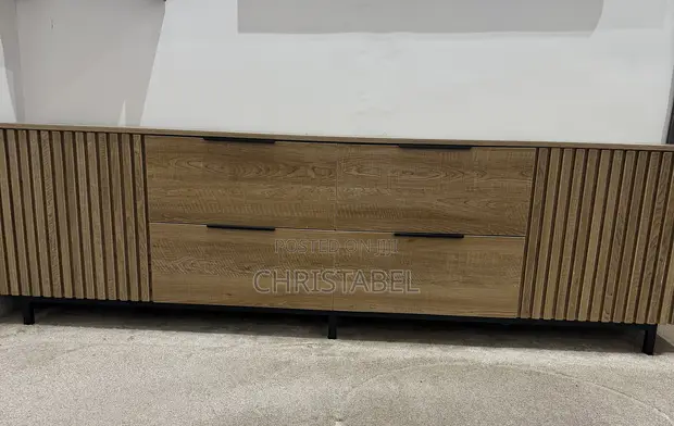 Fluted Wood TV Console with 4 Drawers - 1