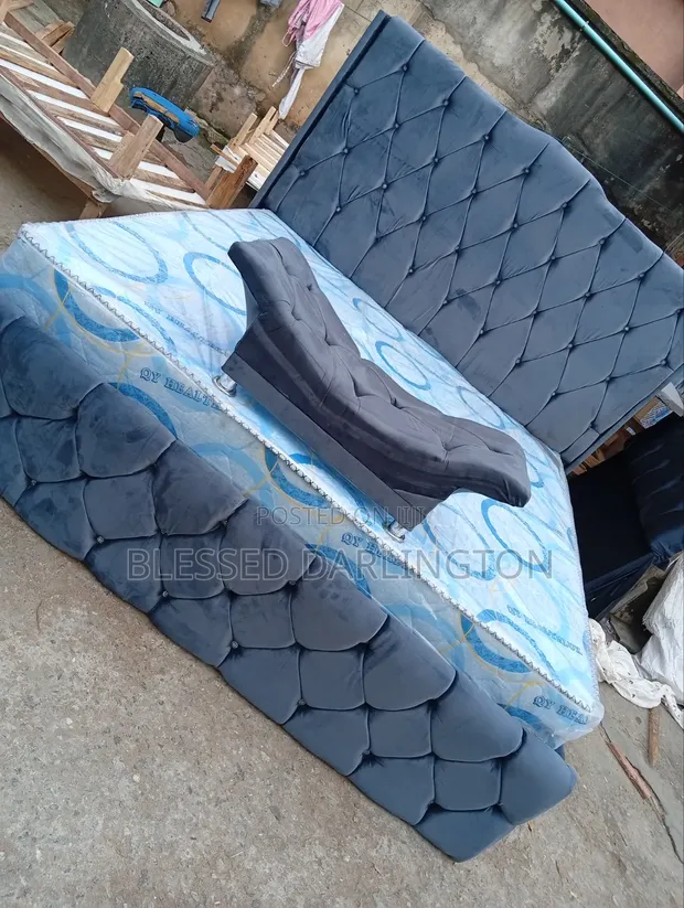 6/6 Quality Grey Padded Bed Frame with 5-Year Warranty Mattress - 1