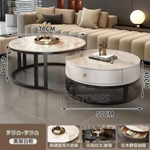 Marble Twins Round Center Table with Side Drawer - 1