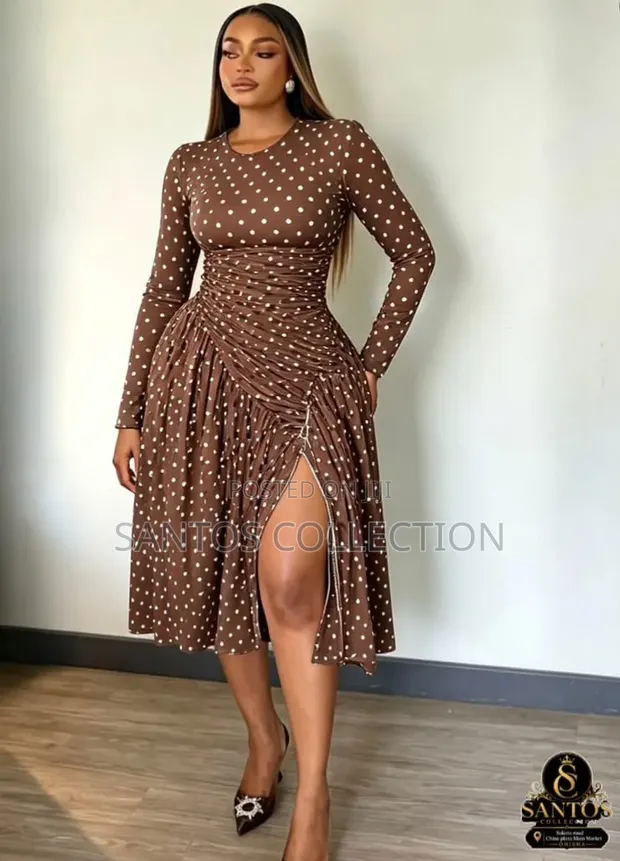 Luxury Polka Dot Ruched Pleated Midi Dress - 1
