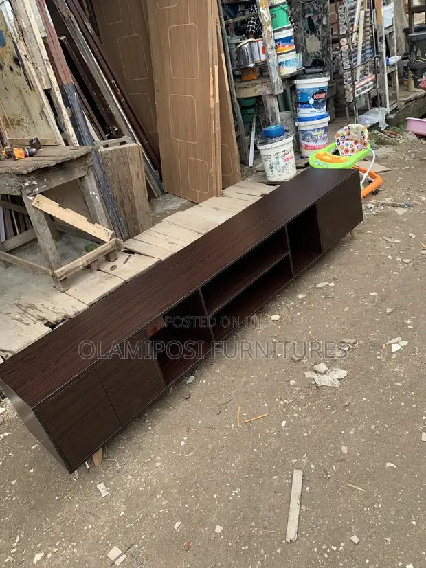 TV Console - Glossy Brown Engineered Wood - 1